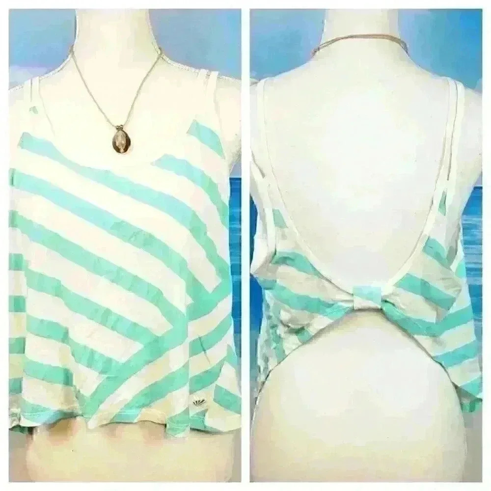 FOREVER 21 Womans AQUA & WHITE Stripe Back Crop Knot Lightweight Stretch size Lg